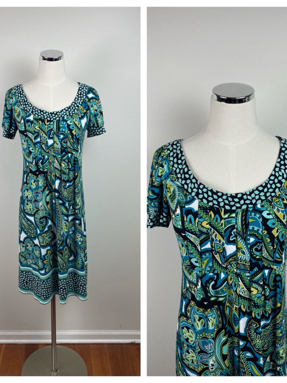 London Style Collection Blue Green Geometric Floral Paisley Dress Women Size 6